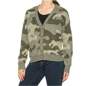 Lucky Brand Women‎ Green Camo V-neck Button Up Wool Blend Cardigan Sweater Sz M